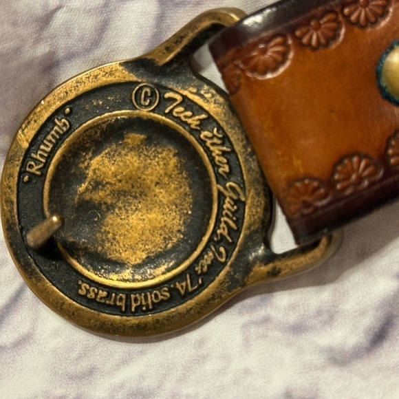 Rare Tech Ether Guild Rhumb TEG Brass 1970s Vintage Belt Buckle Leather Belt 42” - Picture 2 of 6